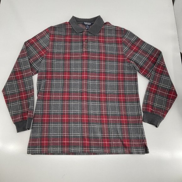 Lands' End Other - Vintage LANDS’ END Mens L Red Grey PLAID 1/4 Button Pullover Sweater Shirt USA